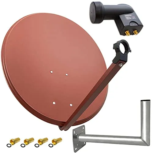 Premium X Satelliten-Komplettanlage 80cm - Twin LNB & Wandhalterung - SAT-Antenne 80 cm in Rot, wetterfest und UV-beständig, ideal für den Empfang von 4K Ultra HD und Full-HD für 2 Teilnehmer.