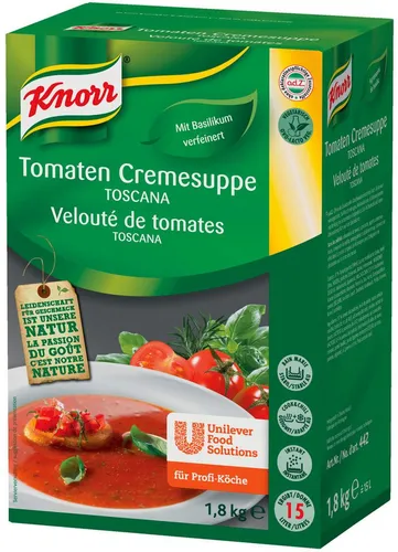 Knorr Tomaten Cremesuppe Toscana Trockenmischung 1,8 kg - Praktische Trockenmischung für die schnelle Zubereitung einer köstlichen Tomaten Cremesuppe Toscana. Ideal für die professionelle Küche und Großverbraucher, mit fruchtigem Tomatengeschmack und feiner Basilikum-Note.