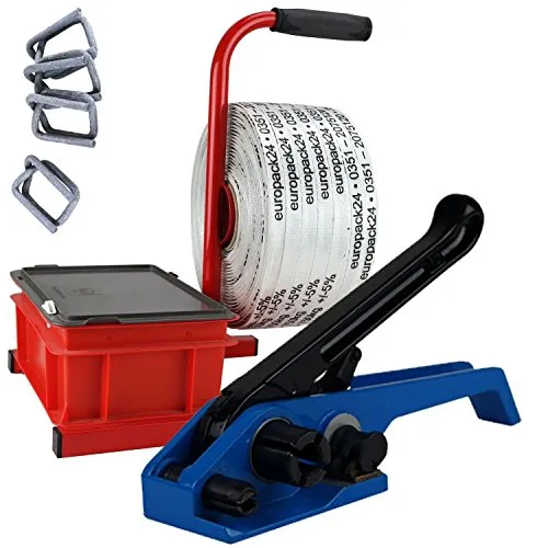 TEXTIL UMREIFUNGSSET Set : 1 Rolle Textilband 16mm gewebt : 500 Klammern : 1 Spanngerät : 1 Abroller | Ideal zum Holzbündeln | gewebtes Umreifungsband - Umreifungsgerät Bündelgerät Bandspanner