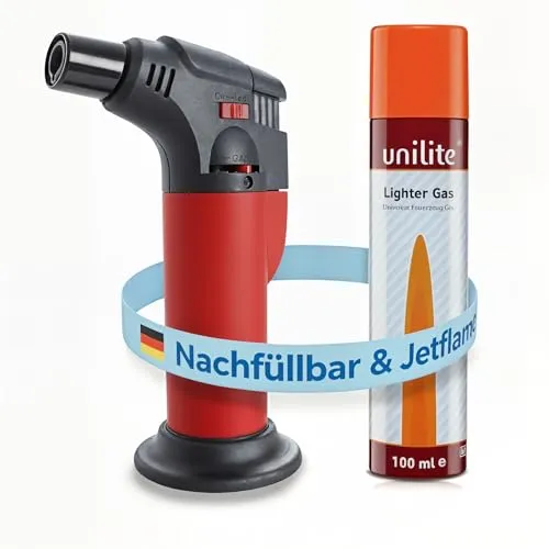 UNILITE Feuerzeug MIT Gas – Sturmfeuerzeug Gas Brenner mit Jet Flamme – nachfüllbar – 100 ml Nachfüllgas im Set – Jetflame – Nachfüller – Elektronik Feuerzeug – In 4 Farben erhältlich (Rot)