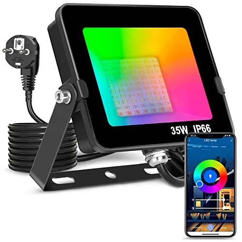 Smart RGB LED Flutlicht 35W mit Bluetooth App Steuerung - RGB LED Flutlicht für Innen- und Außenbereiche, IP66 wasserdicht, 16 Millionen Farben und Musikrhythmus-Funktion für stimmungsvolle Beleuchtung.
