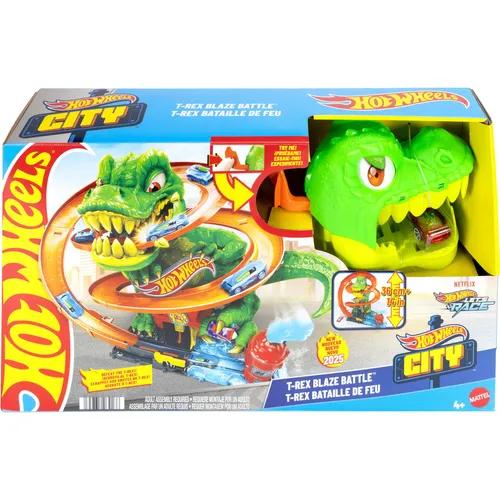 Hot Wheels T-Rex Blaze Battle - Spielzeugauto mit dynamischem T-Rex, der spannende Rennen bietet und Kinder herausfordert, das Hot Wheels City zu retten!