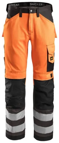 Snickers 3333 HI Vis Hose, Klasse 2 88 5574 in Signalorange-Anthrazit - Moderne Hi-Vis Arbeitshose mit reflektierenden Streifen und ergonomischem Schnitt. CORDURA®-Verstärkungen sorgen für hohe Belastbarkeit. Ideal für Sichtbarkeit und Funktionalität am Arbeitsplatz.