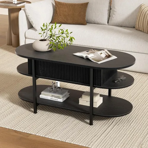 FABATO ovaler Couchtisch, höhenverstellbar mit Stauraum, modern schwarz