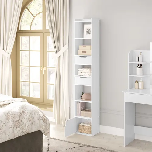 WOLTU Bücherregal Bücherschrank mit 6 Ablagen 2 Schubladen 1 Tür Büroregal Weiß