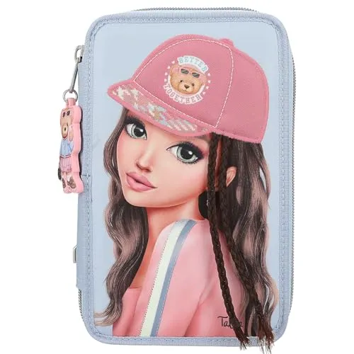 Depesche 3-Fach Federtasche TOPModel TEAM TEDDY - Federmäppchen mit süßem Modell-Print und Teddy-Anhänger, gefüllt mit 18 Bunt- und Filzstiften sowie weiteren Schreibutensilien – perfekt für kreative Kids!