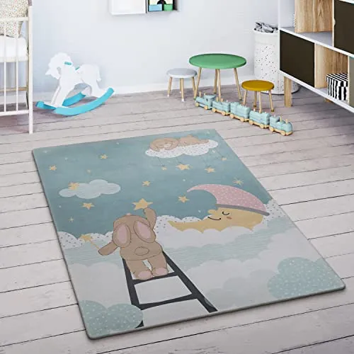Paco Home Kinderteppich Teppich Kinderzimmer Spielmatte Babymatte rutschfest Modern Tiere Regenbogen Herz, Grösse:80x150 cm, Farbe:Türkis