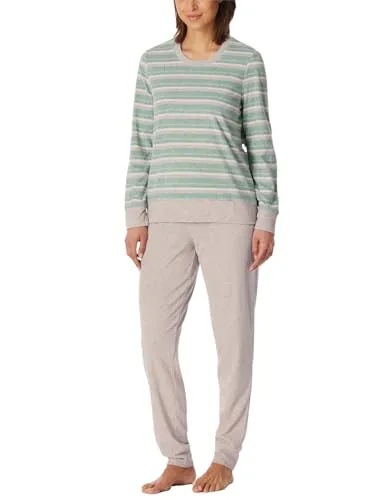 Schiesser Damen Schlafanzug lang Frottee - Kuscheliger langer Schlafanzug für Damen in grün mit Ringeln, ideal für gemütliche Nächte und entspannte Tage.