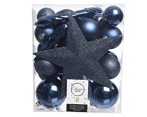 Christmas Decoration Weihnachtskugeln mit Christbaumspitze Stern Kunststoff 33er Set bruchsicher dunkelblau Nachtblau
