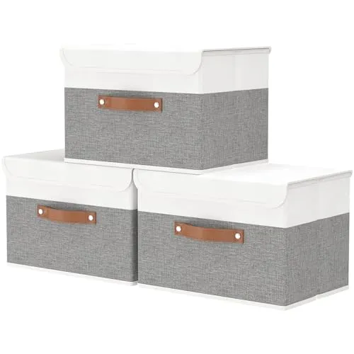 OUTBROS Aufbewahrungskörbe mit Deckel, 45 x 30 x 30 cm,3 Stück regalkörbe, Aufbewahrungsboxe, stoffboxen aufbewahrung für Kleidung,Grau/Weiß ST02WGL3