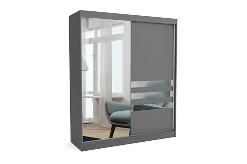 Brent - Kleiderschrank mit Spiegel Henry, 180cm Breit, Schlafzimmerschrank mit 1 Kleiderstange und Einlegeböden für Kleidung, Kleiderschrank Grau