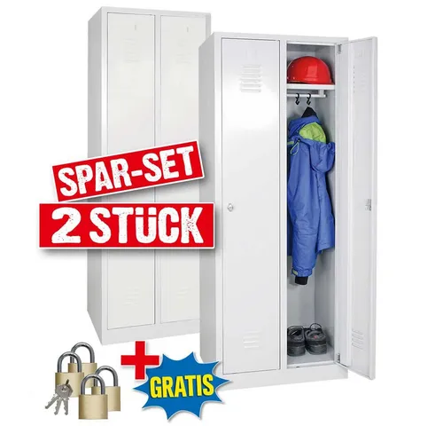 2x Garderobenspind mit 2 Abteilen und Drehriegelverschluss - Stabile Stahlblechspinde in lichtgrau mit Drehriegelverschluss. Ideal für die sichere Aufbewahrung. Inkl. Vorhängeschlösser, mit Hutboden und Schiebehaken ausgestattet, perfekt für den Einsatz in Schulen oder Betrieben.