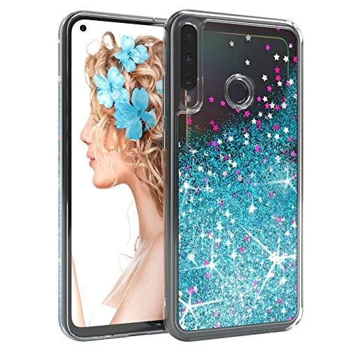 EAZY CASE Hülle kompatibel mit Huawei P40 Lite E Schutzhülle mit Flüssig-Glitzer, Handyhülle, Schutzhülle, Back Cover mit Glitter Flüssigkeit, TPU/Silikon, Transparent/Durchsichtig, Blau