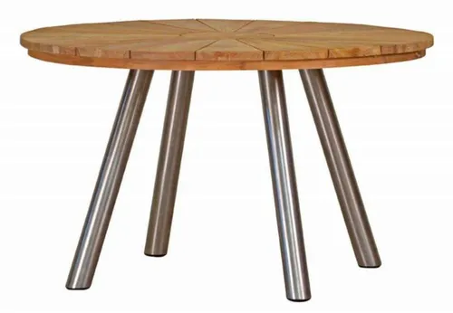 Kai Wiechmann Premium Gartentisch aus Teak und Edelstahl, rund 130 cm - Moderner Esstisch aus wetterfestem Teak und robustem Edelstahl, pflegeleicht und langlebig, ideal für den Außenbereich und entspannte Stunden im Garten.