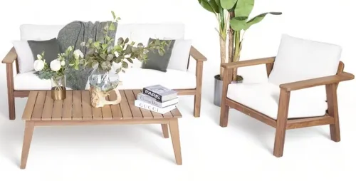 Luxuriöse Gartenmöbel Sofagarnitur 3+1 mit Couchtisch - 3-teiliges Lounge Set für Erwachsene in modernem Design. In Weiß mit komfortablen Arm- und Rückenlehnen. Ideal für entspannte Stunden im Freien. Maße: Sofa 200x85x75 cm, Sessel 85x85x75 cm, Tisch 120x80x45 cm.