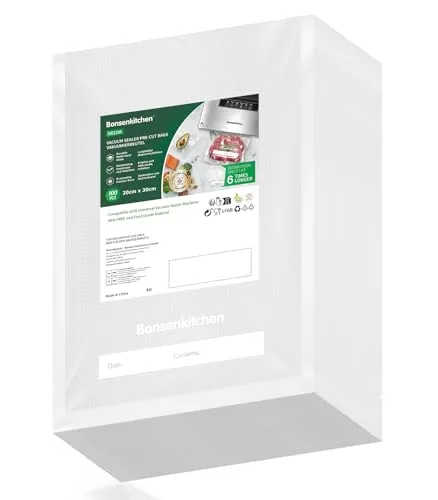 Bonsenkitchen Profi Vakuumbeutel, 100 Beutel 20x30cm Vakuumierbeutel für alle Vakuumierer & Lebensmittel Vakuumiergerät, Kochfest und Sous Vide Gefrierbeutel, BPA-frei, VB3205