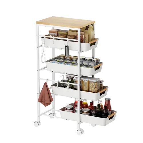 Schmaler Aufbewahrungswagen Küchenwagen mit Holzplatte Ausziehkörben Weiß 82 cm