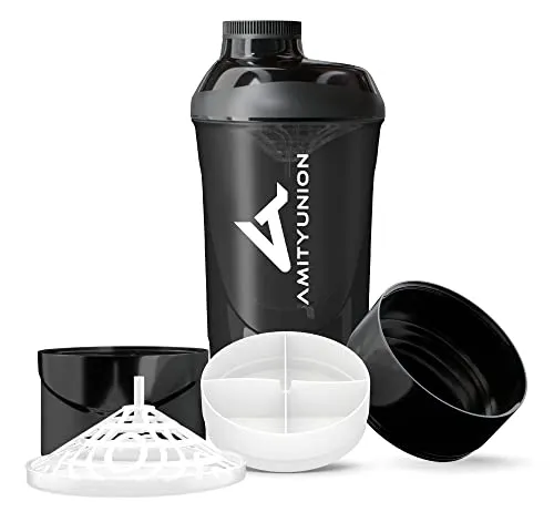 Fitness Shaker 700 ml mit 2 Extra Fächern - Deluxe Protein Shaker komplett auslaufsicher - BPA frei mit Sieb und Skala für Whey und BCCA Pulver, Trinkflasche für Trainings Boster - Schwarz Smoke Cup