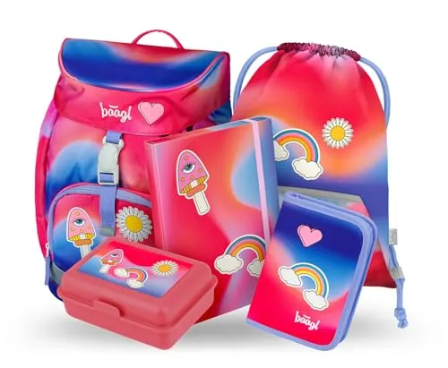 Baagl Schulranzen Mädchen ab 1. Klasse, Airy Schultasche Set 5 -Teilig, Grundschule Schulrucksack für Kinder, Ranzen für Schule (Hippie)