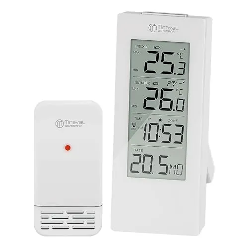 Miraval Funk-Wetterstation mit Außensensor, LCD-Display, Innen- und Außentemperatur, Uhrzeit, Datum, Weiß/Schwarz (Weiß)