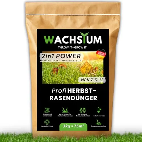 Rasendünger 3kg Herbst, organisch mineralisch, Kalium Dünger für starke Wurzeln macht den Rasen winterfest mit Langzeitwirkung, Profi Nährstoffformel, Herbstrasendünger, 2in1 Power, WACHSTUM, Turbo