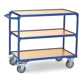 Fetra Tischwagen 2950, Metall & Holz, 3 Etagen, 300kg Tragkraft - Robuster Tischwagen mit 3 Etagen aus Buchedekor, ideal für Lager und Werkstatt. Hohe Tragkraft von 300 kg und praktische TPE-Rollen für einfachen Transport.