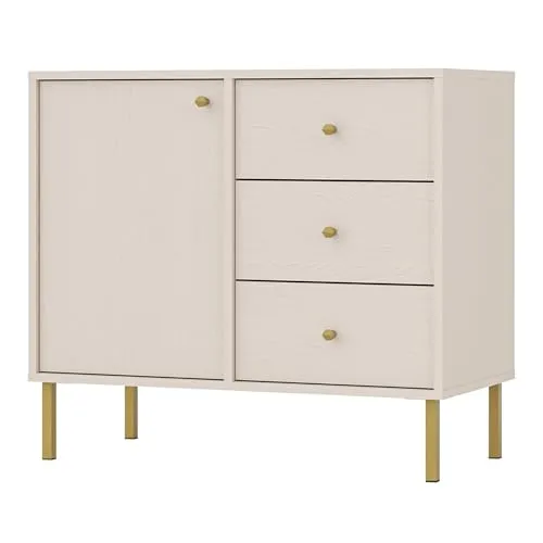 Selsey Sideboard OKTIO – Elegante Anrichte in Sandbeige/Schwarz - Stilvolles Sideboard mit goldenen Akzenten, ideal für Wohnzimmer oder Flur. Bietet durchdachten Stauraum mit Türen, Fächern und Schubladen. Robuste Qualität für moderne Wohnräume.