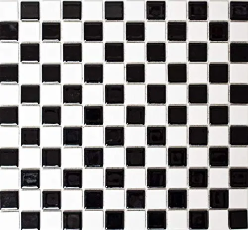 Mosaikfliese Keramik Schachbrett schwarz weiß glänzend Fliesenspiegel MOS18-0306, Mattengröße: 326x300 = 0,10 qm x 10 Matten = ca. 1,00 qm, Steingröße: 25x25x5,2mm | 10 Mosaikmatten