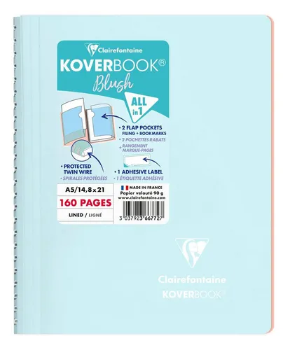Clairefontaine Koverbook Blush A5 Spiralblock - Schulhefte mit 80 linierten Blättern, langlebigem PP-Einband in Eisblau/Koralle - ideal für Schule und Büro.