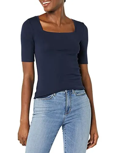Amazon Essentials Damen Halbarm-T-Shirt mit eckigem Ausschnitt in schmaler Passform, Marineblau, XL