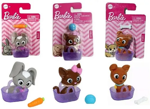 Mattel® Spielfigur Mini BarbieLand Haustiere mit Zubehör Hund, Katze oder Hase unsortiert, (Spar-Set, 1-tlg), Süße Barbie Pets im Mini-Format mit Tasche Artikel nicht wählbar
