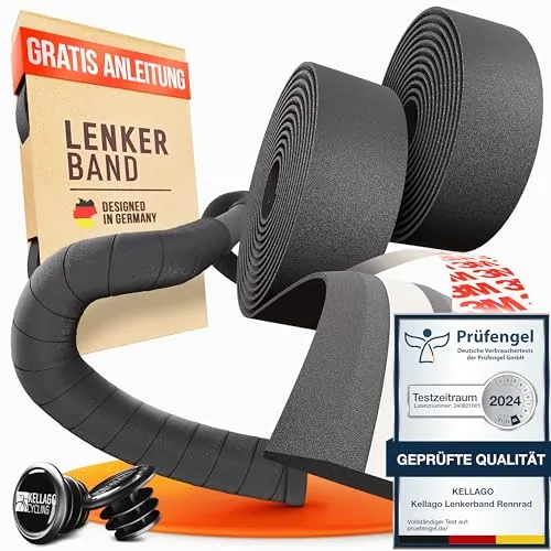 Kellago Lenkerband Rennrad schwarz [ MIT NEUEM 3M KLEBESTREIFEN ] inkl. E-Book & 4x Klebestreifen schwarz selbstklebend - Fahrrad - Griffband Fahrradlenkerband
