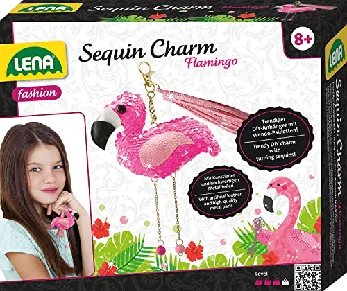 Lena 42659 Bastelset Sequin Charm Flamingo, Komplettset für 1 Pailletten Glücksbringer/Schlüsselanhänger mit Kunstleder Bändchen, Perlen, Nadel, Füll Wolle und Anleitung, Set für Kinder ab 8 Jahre