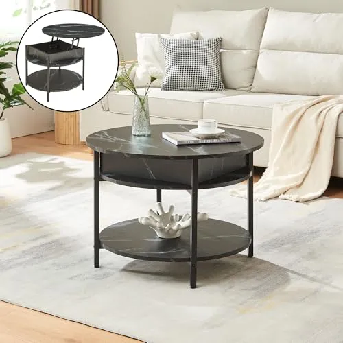 [en.casa] Couchtisch Kandas - Rund, Hebeplatte, Ø70 cm - Beistelltisch fürs Wohnzimmer mit praktischer Hebeplatte und cleverem Stauraum für Fernbedienung, Snacks und mehr. Elegante Marmoroptik in Schwarz für stilvolles Wohnen.