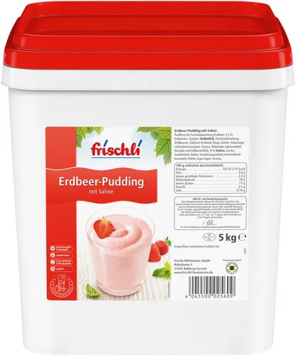 Frischli Fruchtpudding Erdbeer 5000g – Cremiger Genuss - Frischli Fruchtpudding Erdbeer 5000g – köstlicher Pudding mit fruchtigen Erdbeerstücken. Ideal für Gastronomie und Catering, ungekühlt haltbar und perfekt für die Vorratshaltung.