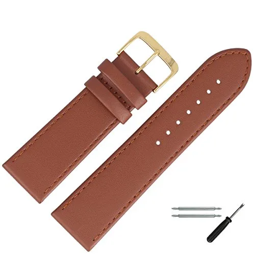 MARBURGER Uhrenarmband 28mm Leder Braun Gold Glatt Mit Naht - Montage Set 7592834000220