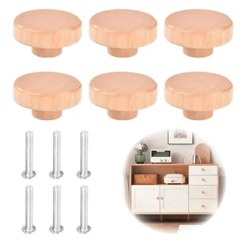 Jiayaus 6 Stück Möbelknöpfe Holz, Runde Holz Schubladengriff, Schrankknöpfe mit Schrauben für Möbel, 36x20mm Holzknöpfe für Küche, Kommode, Schränke, Kleiderschrank