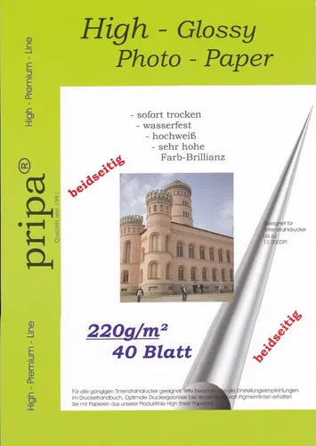 PRIPA Fotopapier 40 Blatt DIN A4 (ca. 210-297mm) 220g/m² glossy beidseitig