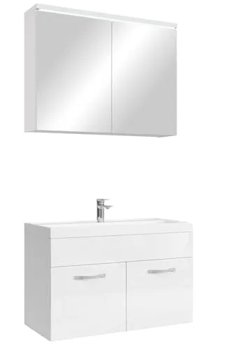 Badezimmer Badmöbel Set Paso 02 - 80cm Waschbecken in Weiß Hochglanz - Komplettes Badezimmermöbelset mit modernem Waschtischunterschrank, Waschbecken und Spiegelschrank. Perfekt für stilvolle Bäder, inklusive einfacher Montage und allen Befestigungsmaterialien.