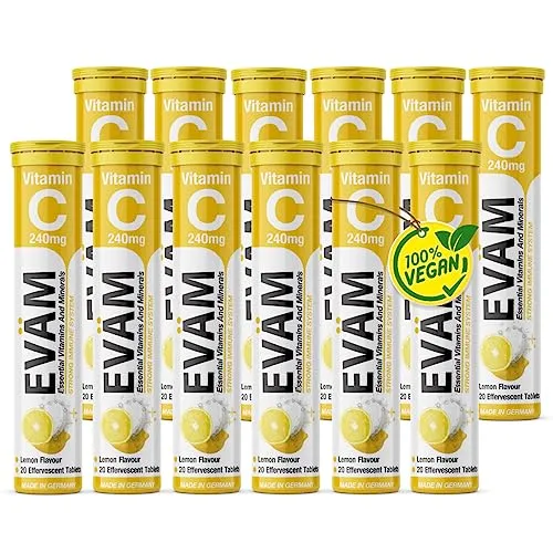 EVÄM Vitamin C 240mg Brausetabletten I Geschmack Zitrone I 12x 20 Stück I Vitamin C Brausetabletten I Nahrungsergänzungsmittel zur Unterstützung des Immunsystems I zuckerfrei I Made in Germany