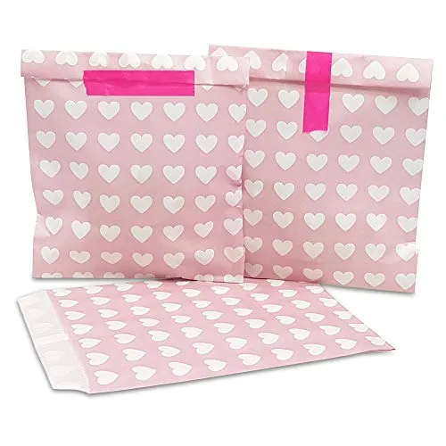 Frau WunderVoll® 25 PAPIERTÜTEN ROSA, Herzen 13 x 16,5 cm, 45 Gramm Papier, flach/Candy Bar, Hochzeit, Kindergeburtstag, Papiertütchen, Candybag, Tüten, Mitgebseltüten