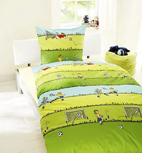 JACK Bierbaum Kinder Biber Bettwäsche 2 TLG. Dinosaurier & Fußball - Bettwaren-Set für Kinder mit bunten Motiven, atmungsaktive 100% Baumwolle, pflegeleicht und bei 60 Grad waschbar. Ideal für kleine Träumer!