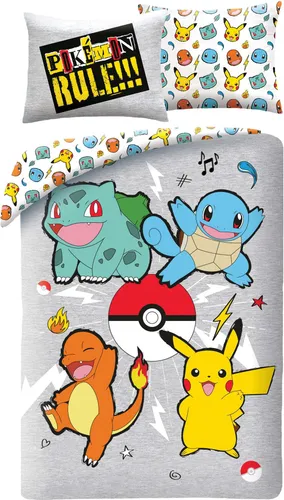 Bettwäsche Pokemon Rules, Bettbezug 140 x 200 cm + Kissenbezug - Bettwaren-Set für Kinder mit Pikachu, Bisasam, Glumanda und Schiglotte. Hergestellt aus weichem, atmungsaktivem Polyester für einen angenehmen Schlaf und schadstoffgeprüft nach OEKO-TEX Standard 100.