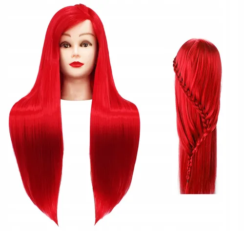 Iza Trainingskopf 60cm rot, Thermohaar + Griff, Friseurkopf zum Kämmen, Übungsko