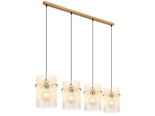 meineWunschleuchte 4-flammige Balkenpendelleuchte mit Echtglas-Stäben - Elegante Deckenleuchte mit Metallkorpus in Gold und dimmbaren E27 LED-Leuchtmitteln. Ideal für stimmungsvolle Beleuchtung in jedem Raum. Breite: 110 cm, Höhe: 140 cm.