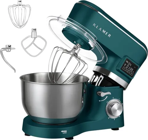 KLAMER Küchenmaschine Classic 1400 W – 5,5 L Edelstahl-Schüssel - Vielseitige Küchenmaschine mit 6 Geschwindigkeiten und 1400 W Leistung. Ideal für große Backprojekte dank 5,5 L Schüssel. Inklusive Spritzschutz und drei Rührwerkzeugen für optimale Ergebnisse.
