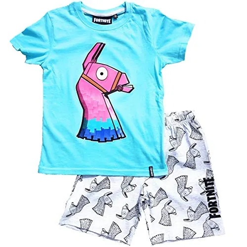 Fortnite Schlafanzug Pyjama kurzer Schlafanzug Jungen (Hellblau, Gr. 140)