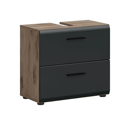 xonox.home Waschbeckenunterschrank Ice Nox Oak - Moderner Waschbeckenunterschrank mit 2 Schubkästen, Syphonausschnitt und stilvollem Design in schwarz matt und Nox Oak. Ideal für mehr Stauraum und eine elegante Badezimmerorganisation.