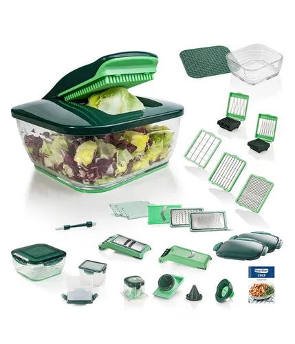 Genius Nicer Dicer Chef 34-in-1 - Multifunktions-Profi-Gemüseschneider mit Glasschale, perfekt für gesunde Ernährung und zeitsparendes Kochen