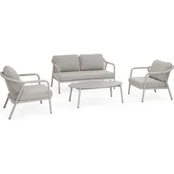 Sitzgruppe Miravet – 1 Sofa, 2 Sessel, 1 Tisch - Moderne Gartenmöbelgarnitur für stilvolles Entspannen im Freien. Wetterfestes Material und abnehmbare Kissen sorgen für Komfort und Langlebigkeit. Perfekt für gesellige Stunden im Garten.